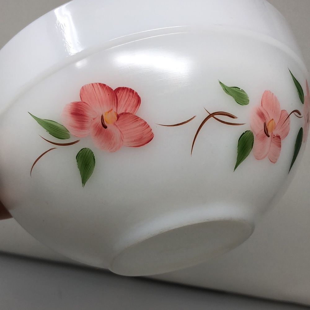 Vintage Fire King Peach Blossom Hand Painted Mixing Bowl 7.5” White Milk Glass